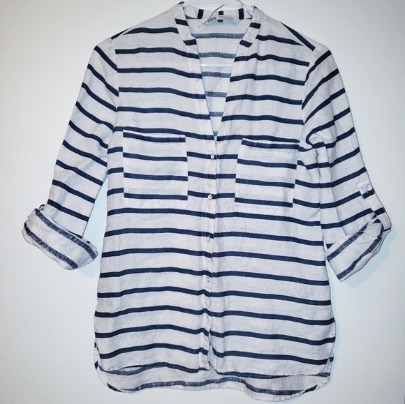ZARA Linen Striped Button Down Blouse - Picture 3 of 6